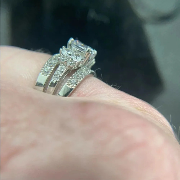 STERLING SILVER 3PIECE BRIDAL SET 6CTW 4CT CENTER 3 STONE RING STUNNER size 8 - Picture 15 of 16
